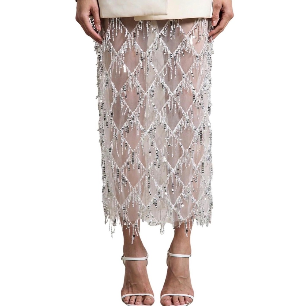 NWT MakeMeChic White Sequin Fringe Mesh Sheer Midi Skirt Sheer Party Medium